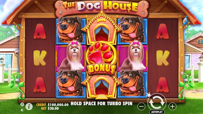 Slot grid filled with dog symbols and pawprint wilds in a vibrant backyard setup.