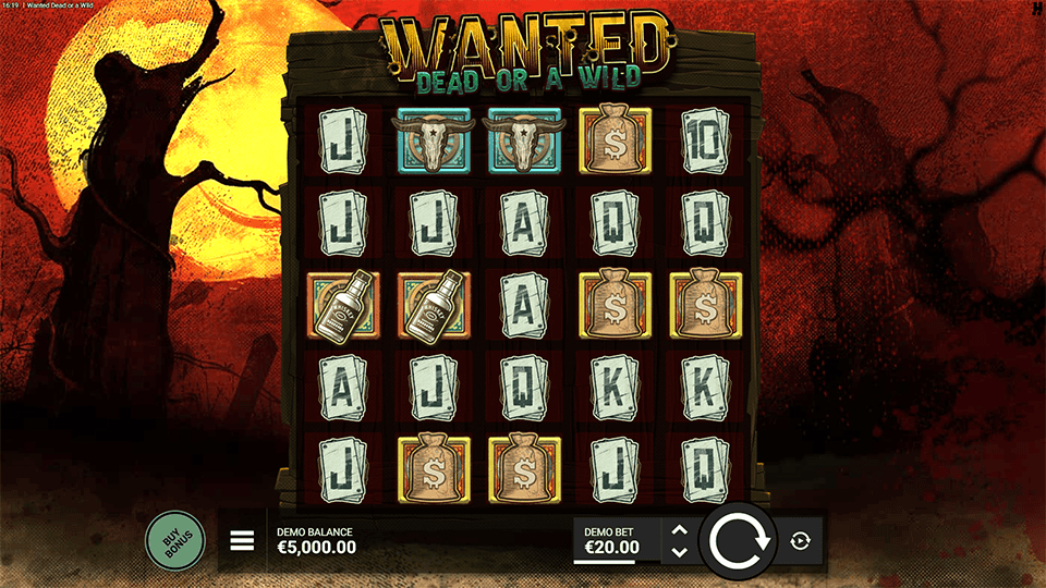 Grid filled with whiskey bottles, cash stacks and classic card symbols over a dusty western backdrop.