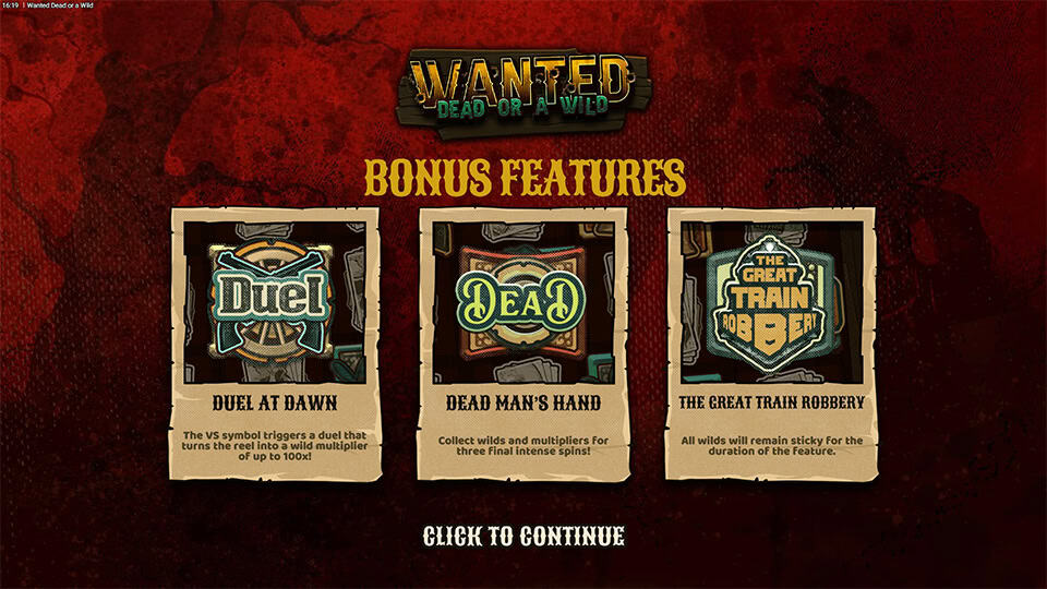 Intro screen highlighting Duel at Dawn, Dead Man&rsquo;s Hand and Train Robbery features with bonus symbols.