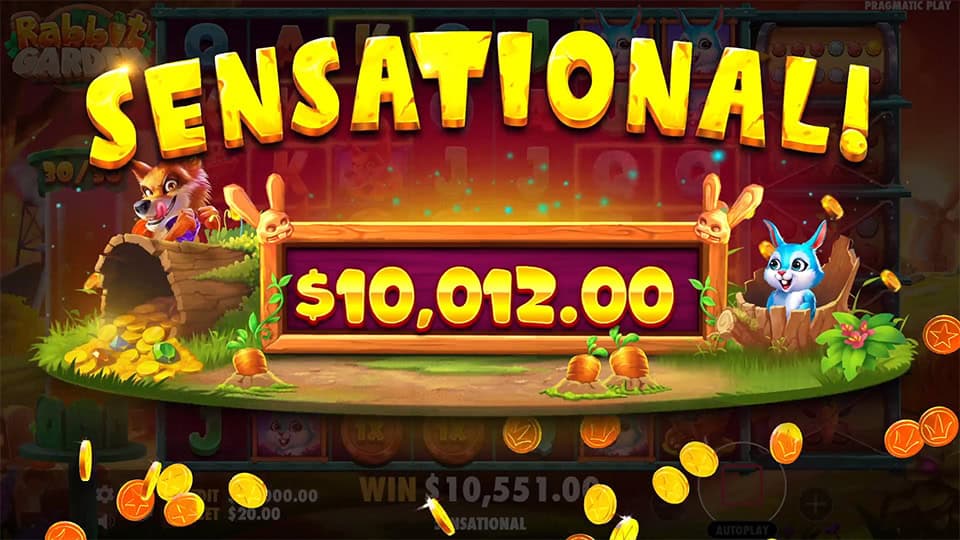 Sensational win screen in Rabbit Garden slot displaying a &euro;10,012 payout.