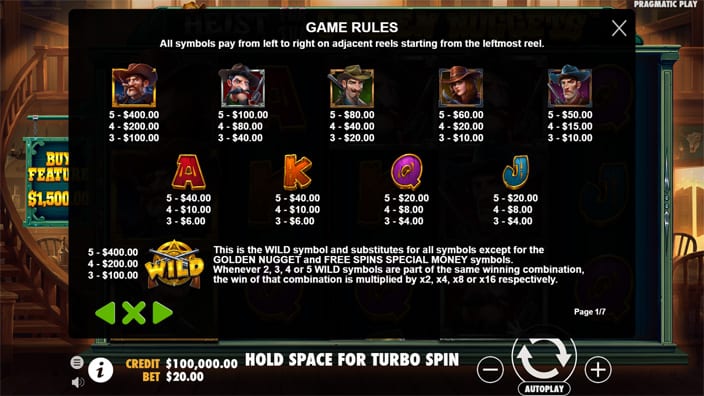 Heist for the Golden Nuggets slot paytable Heist for the Golden Nuggets slot paytable