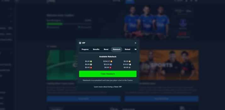 Pop-up showing available Rakeback amounts in different cryptocurrencies, depending on the user&rsquo;s chosen coin for wagering.
