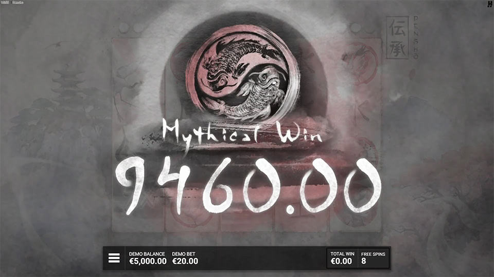 Mythical win screen in Densho slot displaying a &euro;9,460 payout.