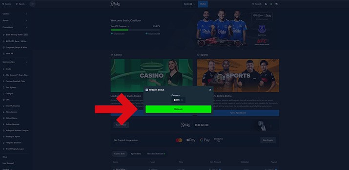 Screenshot of the Stake interface displaying a pop-up to claim the monthly bonus with a visible &ldquo;Redeem&rdquo; button.