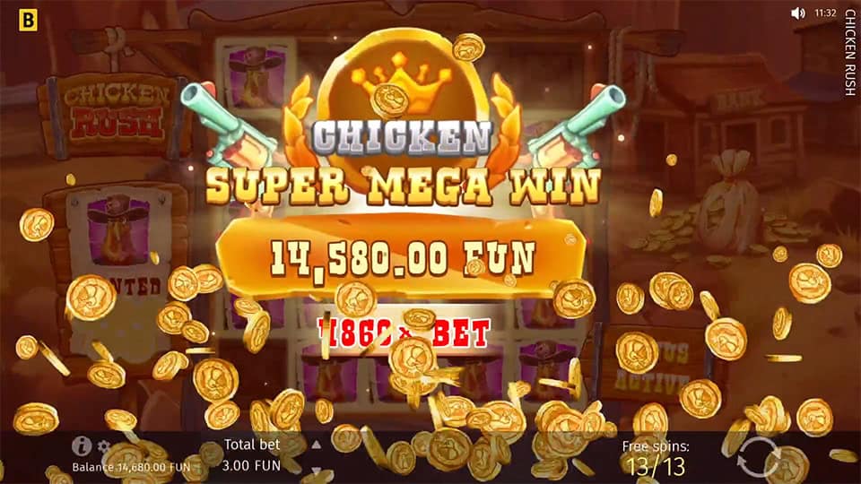 Super Mega Win screen in Chicken Rush slot displaying a &euro;14,580 payout.