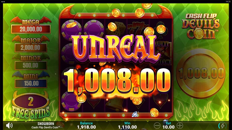 Unreal Win screen in Cash Flip Devil's Coin slot displaying a &euro;1,008 payout.