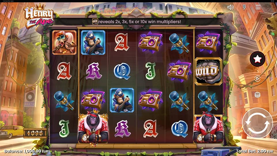 Main game screen featuring boomboxes, mics and gorilla characters on a 6x4 grid with 4096 ways to win.