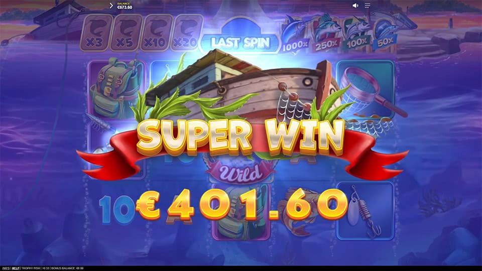 Super Win screen in Trophy Fish slot displaying a &euro;401.60 payout.