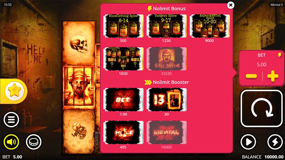 Mental 2 bonus buy menu displaying all options including Experimental Spins, God Mode and xBet boosters.