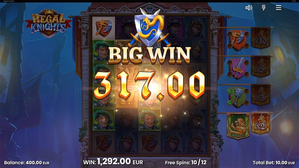 Big Win popup showing &euro;317.00 with glowing light and crossed sword emblem over darkened game background.