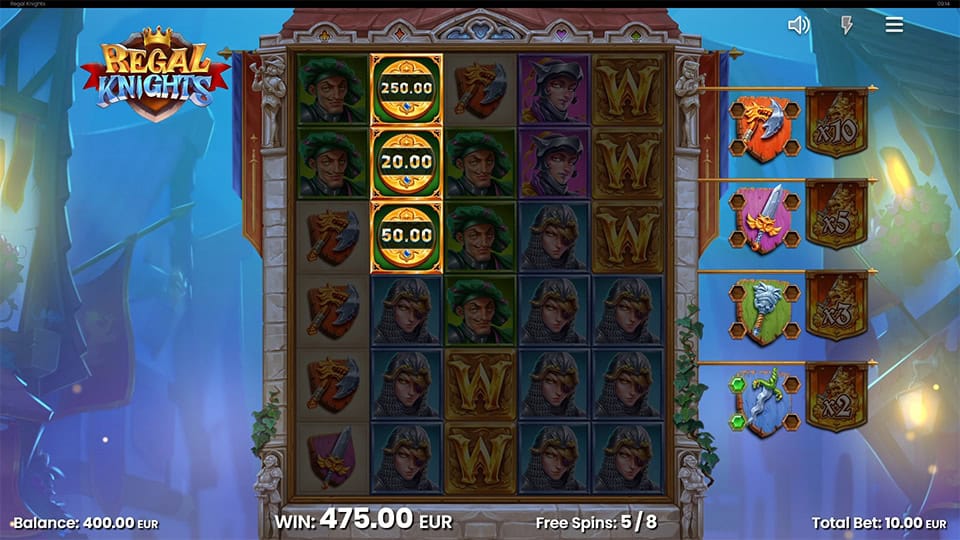 Golden coin prize symbols worth &euro;250, &euro;20 and &euro;50 stacked on the reels during free spins.