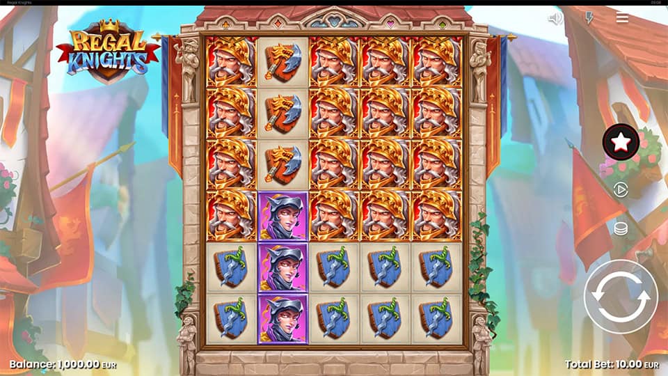 Slot reels filled with stacked golden knight symbols and other medieval icons in a vibrant town square setting.