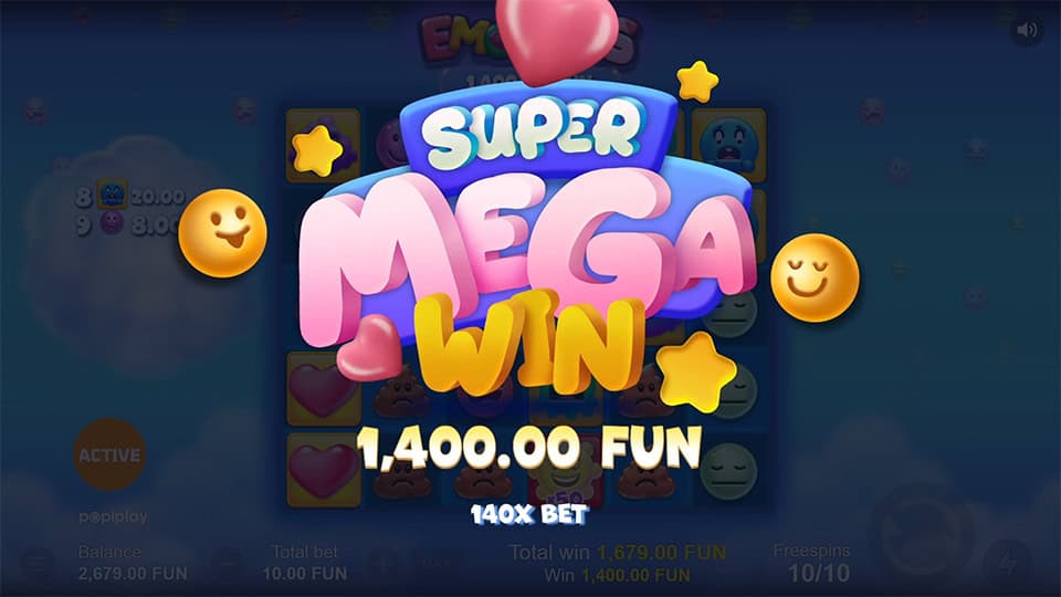 Super Mega Win screen in Emotions slot displaying a &euro;1,400 payout.