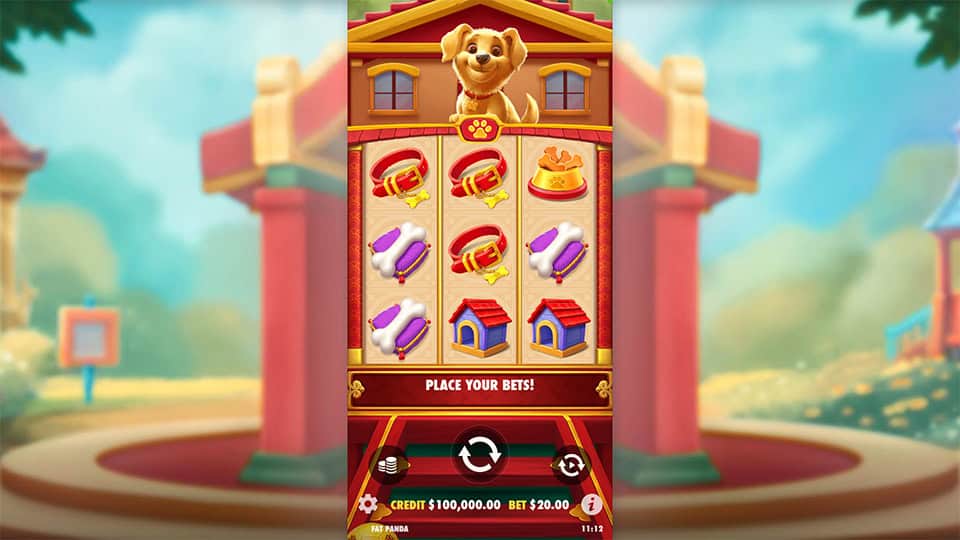 Lucky Dog slot gameplay with various dog-themed symbols.