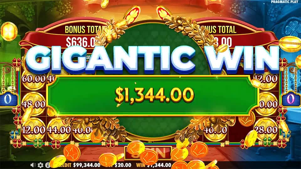 Gigantic Win screen in Lucky's Wild Pub slot displaying a &euro;1,344 payout.