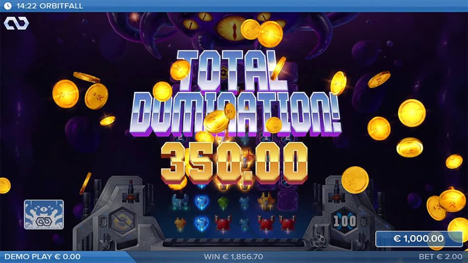 Total Domination Win screen in Orbitfall slot displaying a &euro;350 payout.