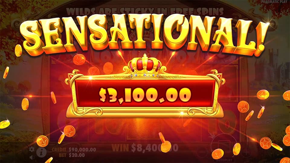 Sensational Win screen in The Dog House Royal Hunt slot displaying a &euro;3,100 payout with golden coins.