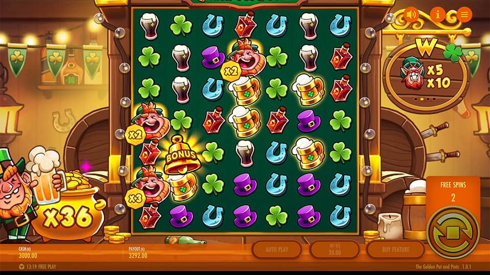 Wild multiplier symbols with x2, x2 and x3 values appearing on screen in The Golden Pot & Pints slot.