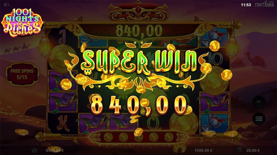 Super Win screen in 1001 Nights of Riches slot displaying a &euro;840 payout.