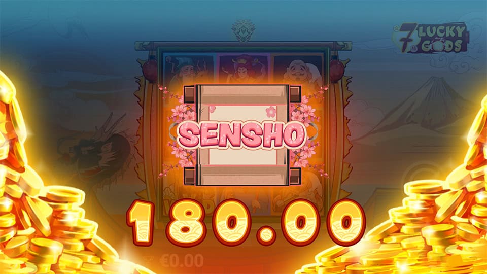 Sensho Win screen in 7 Lucky Gods slot displaying a &euro;180 payout.