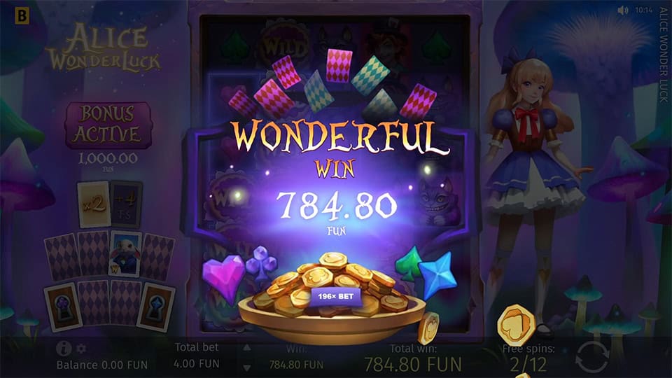 Wonderful Win screen in Alice Wonderluck slot displaying a &euro;784.80 payout.