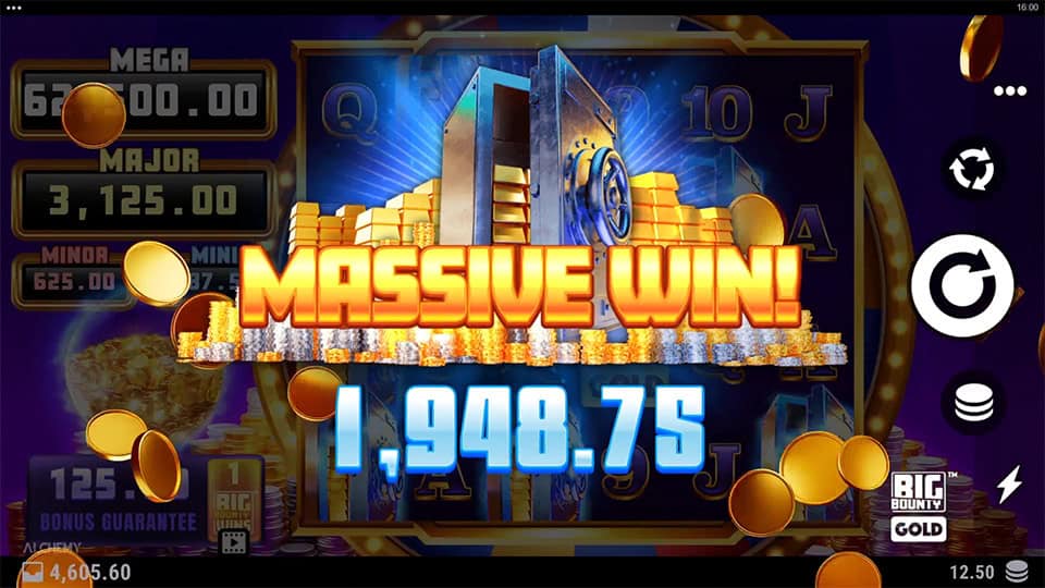 Massive Win screen in Big Bounty Gold slot displaying a &euro;1,948.75 payout.