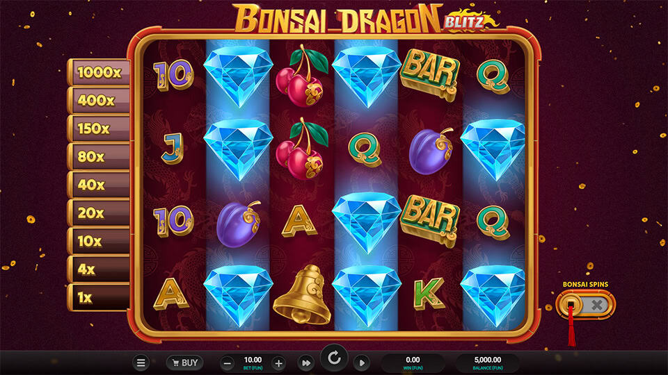Base game of Bonsai Dragon Blitz featuring classic fruit symbols, diamonds and a pay multiplier ladder up to 1000x on the left.