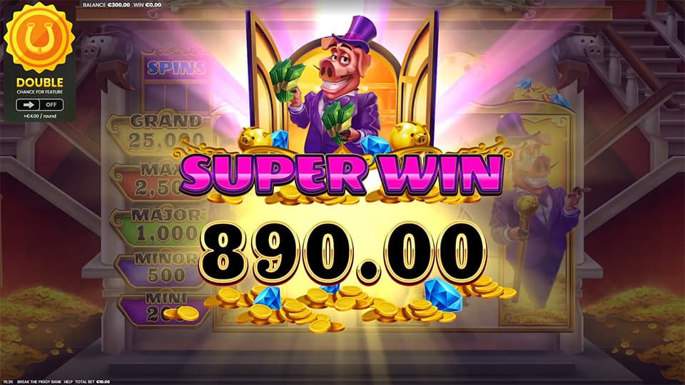 Super Win screen in Break The Piggy Bank slot displaying a &euro;890 payout.