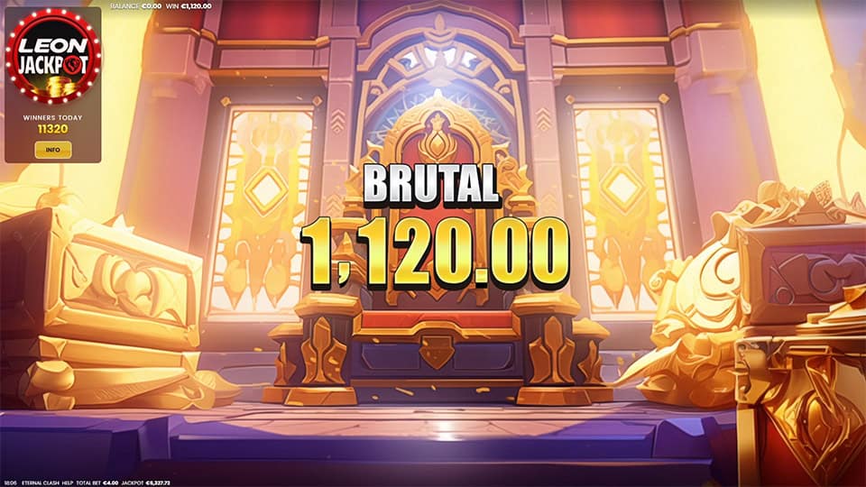 Brutal Win screen in Eternal Clash slot displaying a &euro;1,120 payout.