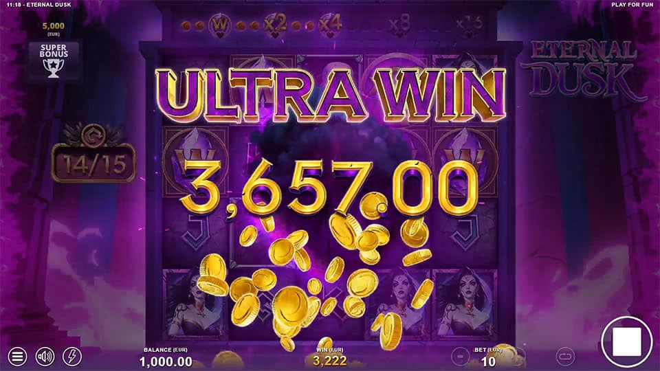 Ultra Win screen in Eternal Dusk slot displaying a &euro;3,657 payout.