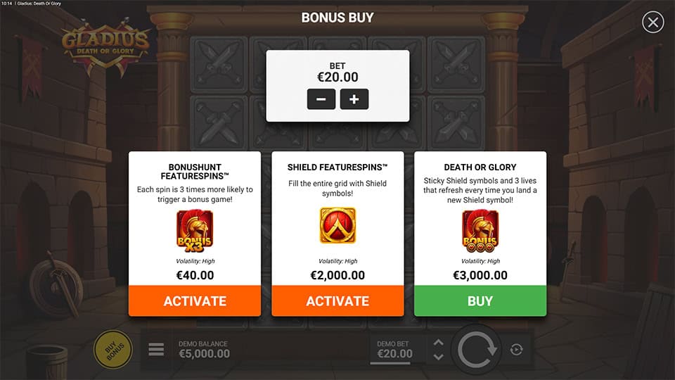 Gladius Death or Glory slot bonus buy screen displaying three purchase options: Bonushunt, Shield Featurespins and Death or Glory.