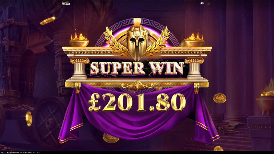 Big win animation with a golden Spartan helmet and the message &ldquo;Super Win&rdquo; above a &pound;201.80 prize.
