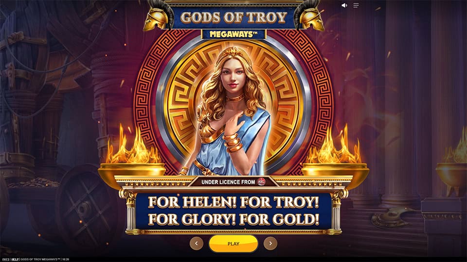Gods of Troy Megaways intro screen featuring Helen of Troy, a golden backdrop and the slogan &ldquo;For Helen! For Troy! For Glory! For Gold!&rdquo;