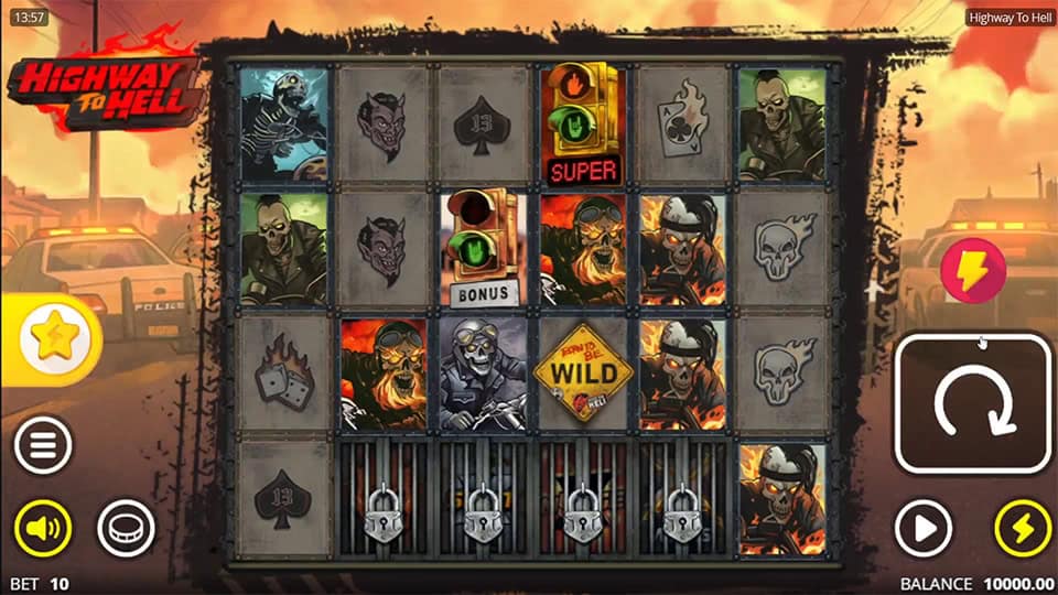 Main game screen of Highway to Hell showing biker-themed symbols, wilds, bonus lights and locked Enhancer Cells on a gritty 5x5 grid.