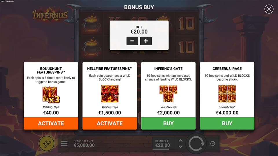 Buy Bonus feature in Infernus slot offering BonusHunt FeatureSpins for 2x bet, Hellfire FeatureSpins for 75x bet, Inferno's Gate Free Spins for 100x bet and Cerberus' Rage Free Spins for 200x bet.