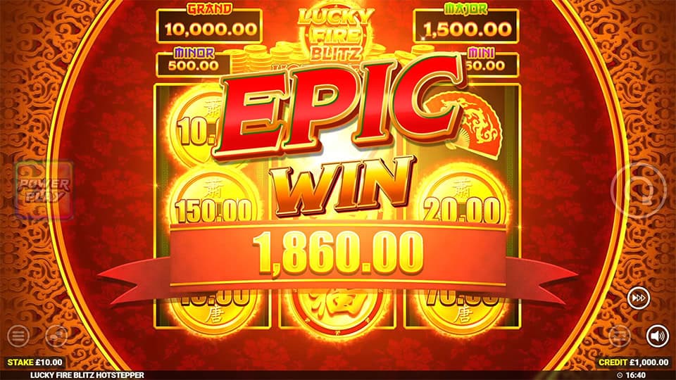 &ldquo;Epic Win&rdquo; animation with a red banner showing 1,860.00, surrounded by gleaming gold coins and jackpot meters glowing above.