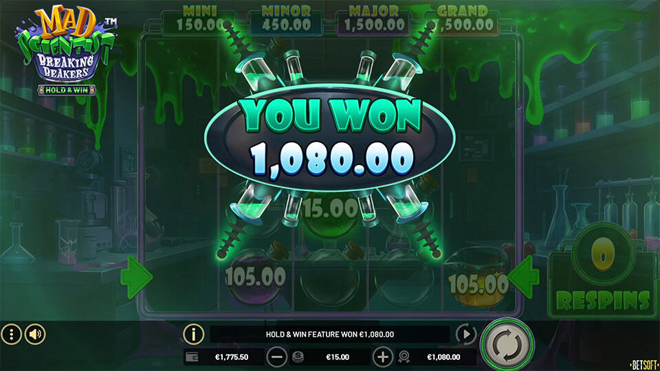 Win screen showing &euro;1,080 prize during Hold & Win with green slime and syringe visuals.