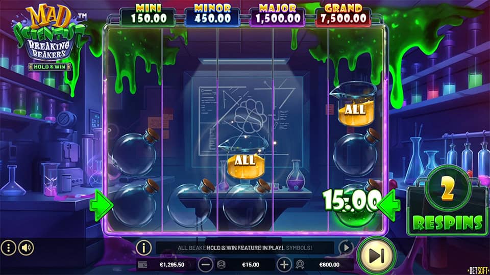 Hold & Win bonus round featuring &ldquo;ALL&rdquo; beaker symbols on glowing lab reels.
