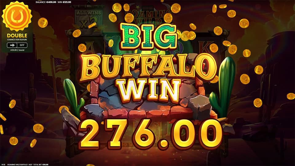 Big Buffalo Win screen in Roaming Wild Buffalo slot displaying a &euro;276 payout.