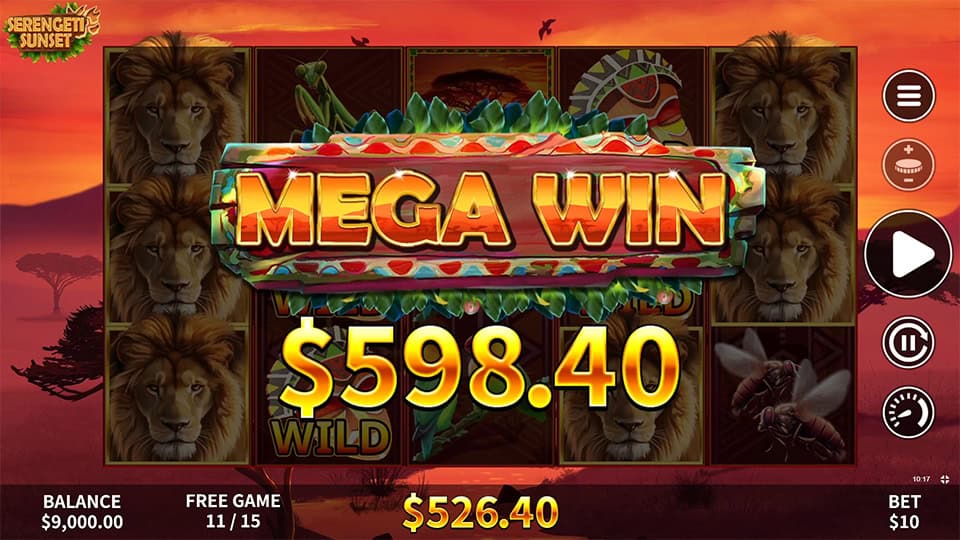 Mega Win screen in Serengeti Sunset slot displaying a &euro;598.40 payout.