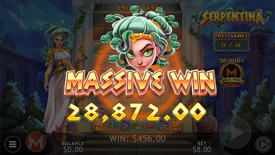 Massive Win screen in Serpentina slot displaying a &euro;28,782 payout.