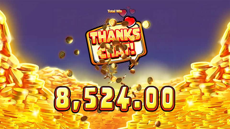 Thanks Chat big win screen in Silicon Spinners slot displaying an &euro;8,524 payout.