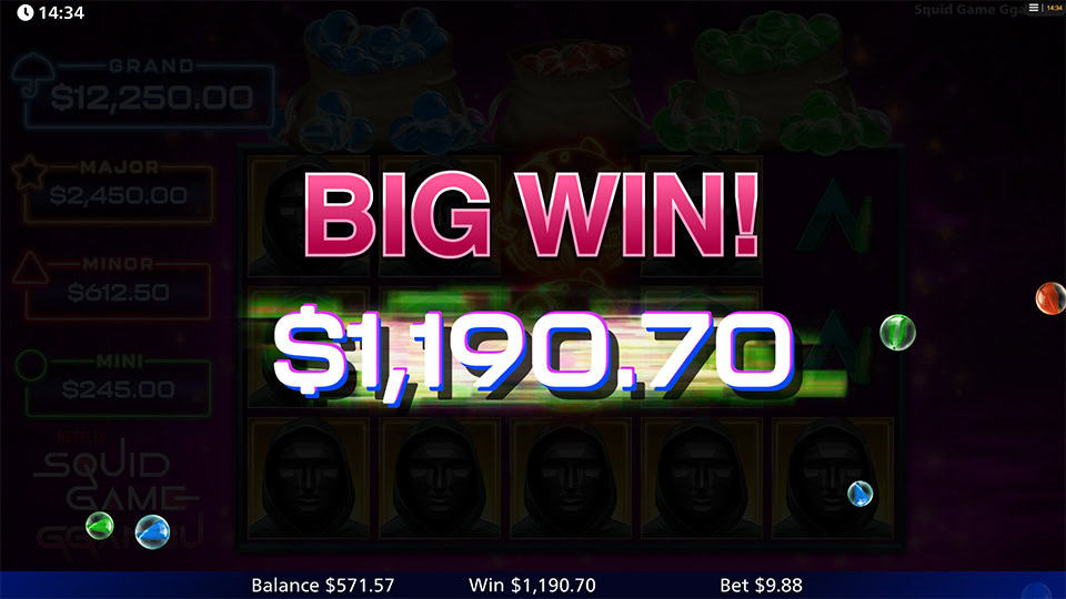 Big Win screen in Squid Game Ggandu slot displaying a &euro;1,190.70 payout.