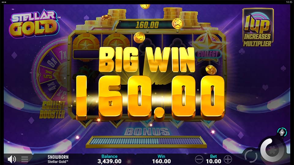 Big Win screen in Stellar Gold slot displaying a &euro;160 payout.