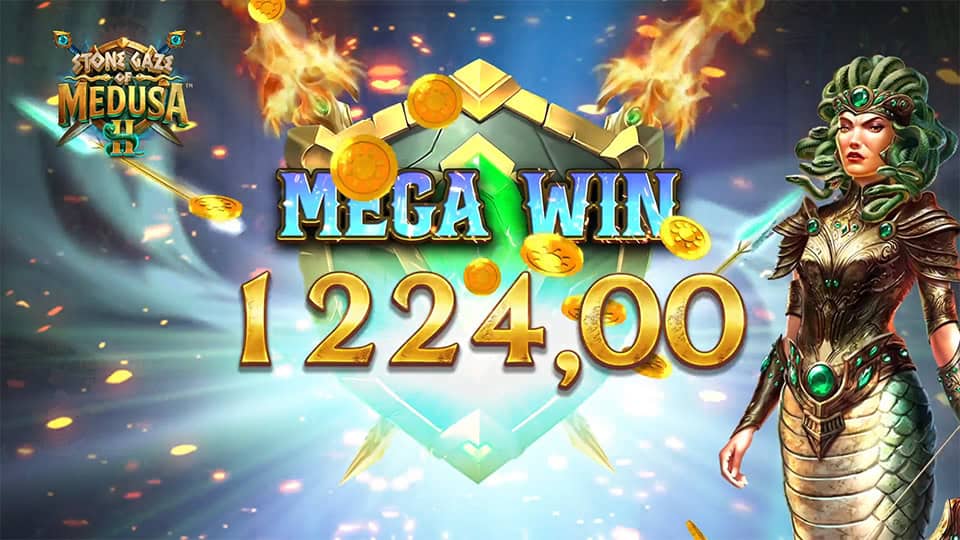 Mega win screen in Stone Gaze of Medusa 2 slot displaying a &euro;1,224 payout.