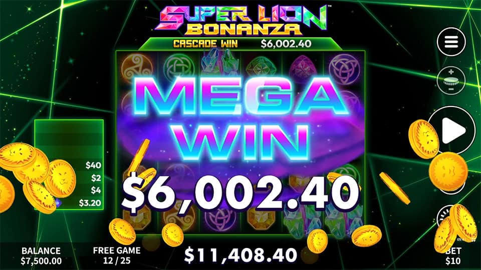 Mega Win screen in Super Lion Bonanza slot displaying a &euro;6,002.40 payout.