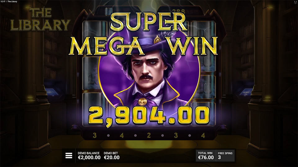 Super Mega Win screen in The Library slot displaying a &euro;2,904 payout.