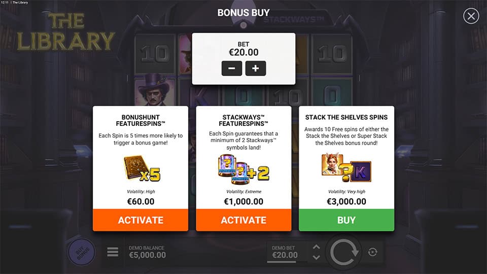 Buy Bonus feature in The Library slot offering Bonushunt Featurespins for x3 the bet, Stackways Featurespins for x50 and Stack the Shelves Spins for x150 the bet.