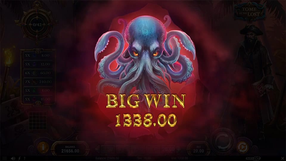 Big Win screen in Tome of the Lost slot displaying a &euro;1,338 payout.