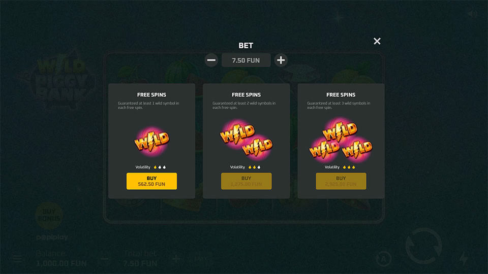 Bonus Buy feature in Wild Piggy Bank slot offering three options: 1, 2 or 3 Wilds guaranteed per spin.